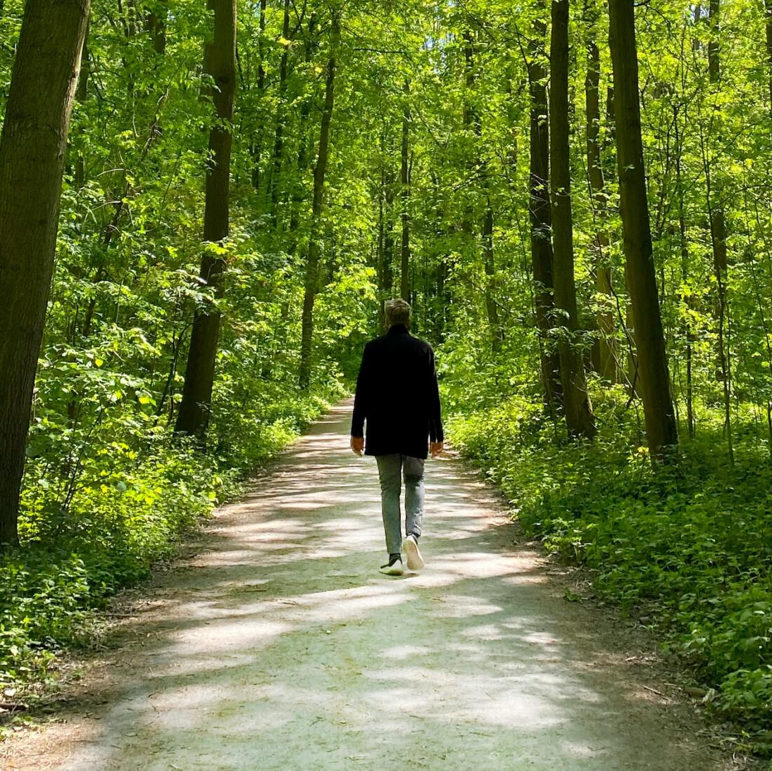 A man is walking down a path in the woods