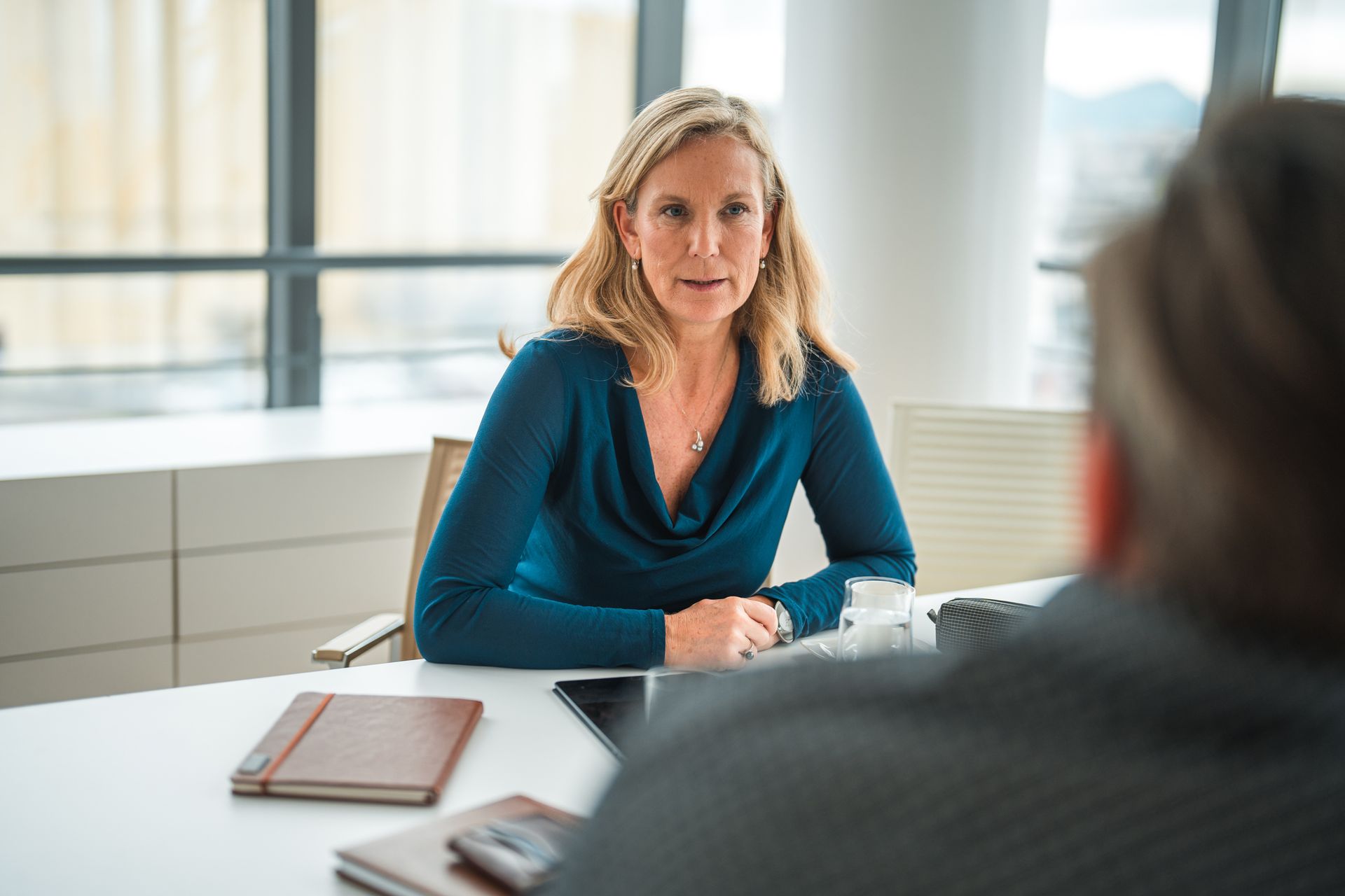 Lawyer advising a client on employment law matters in an office.