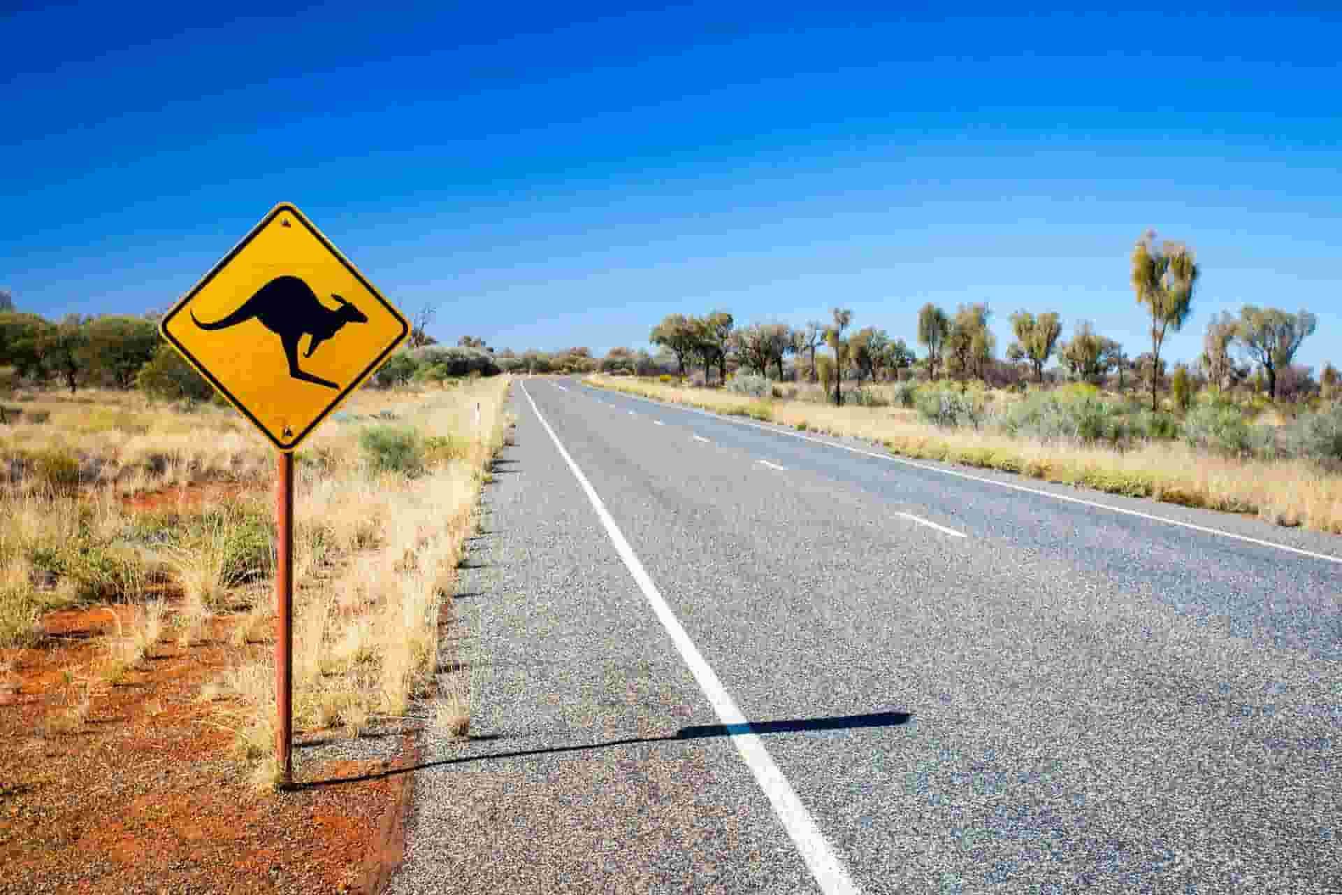 A Yellow Sign With a Kangaroo on It is on the Side of a Road — Eco Sparks Solar & Electrical Contractors in Rural Darwin, NT