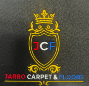 Embroidered logo for Jarro Carpet & Floors: yellow crown and shield with red, white, and blue letters 