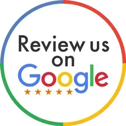 A colorful circle with the words `` review us on google '' written inside of it.