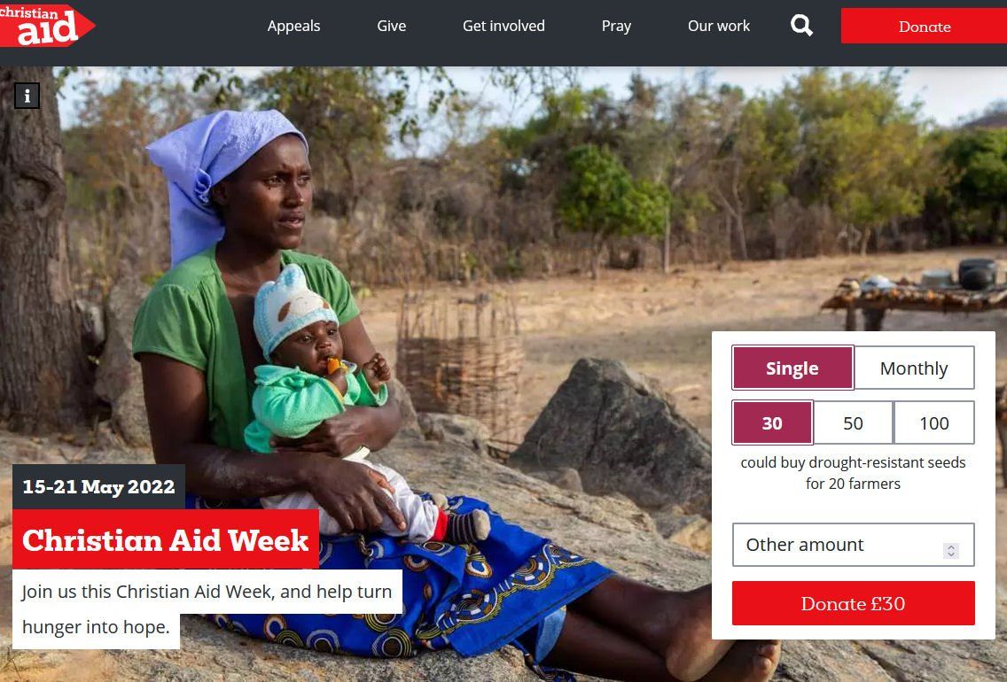 A woman is holding a baby on the website for christian aid week