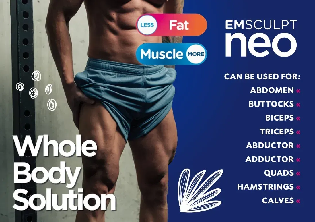 EMSculpt Neo ad showing a torso with text about whole-body fat loss and muscle building