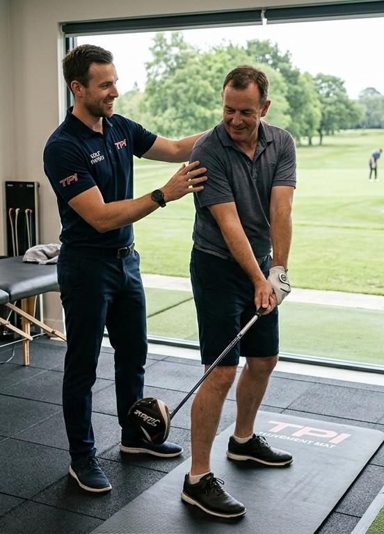 Two men on an indoor golf mat, one guiding the other’s golf swing with a club in a practice bay.