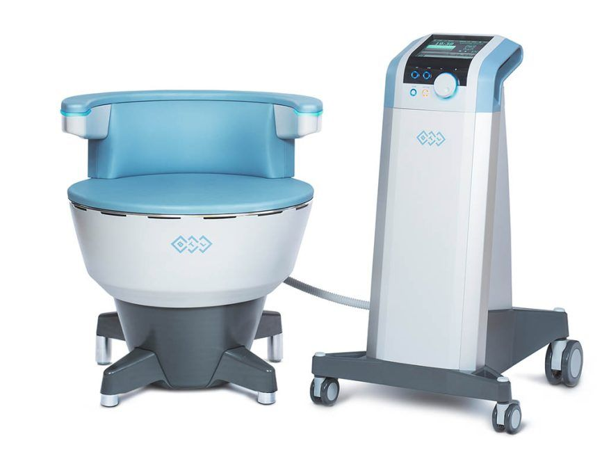 Blue and white medical device with wheeled control unit on a light background