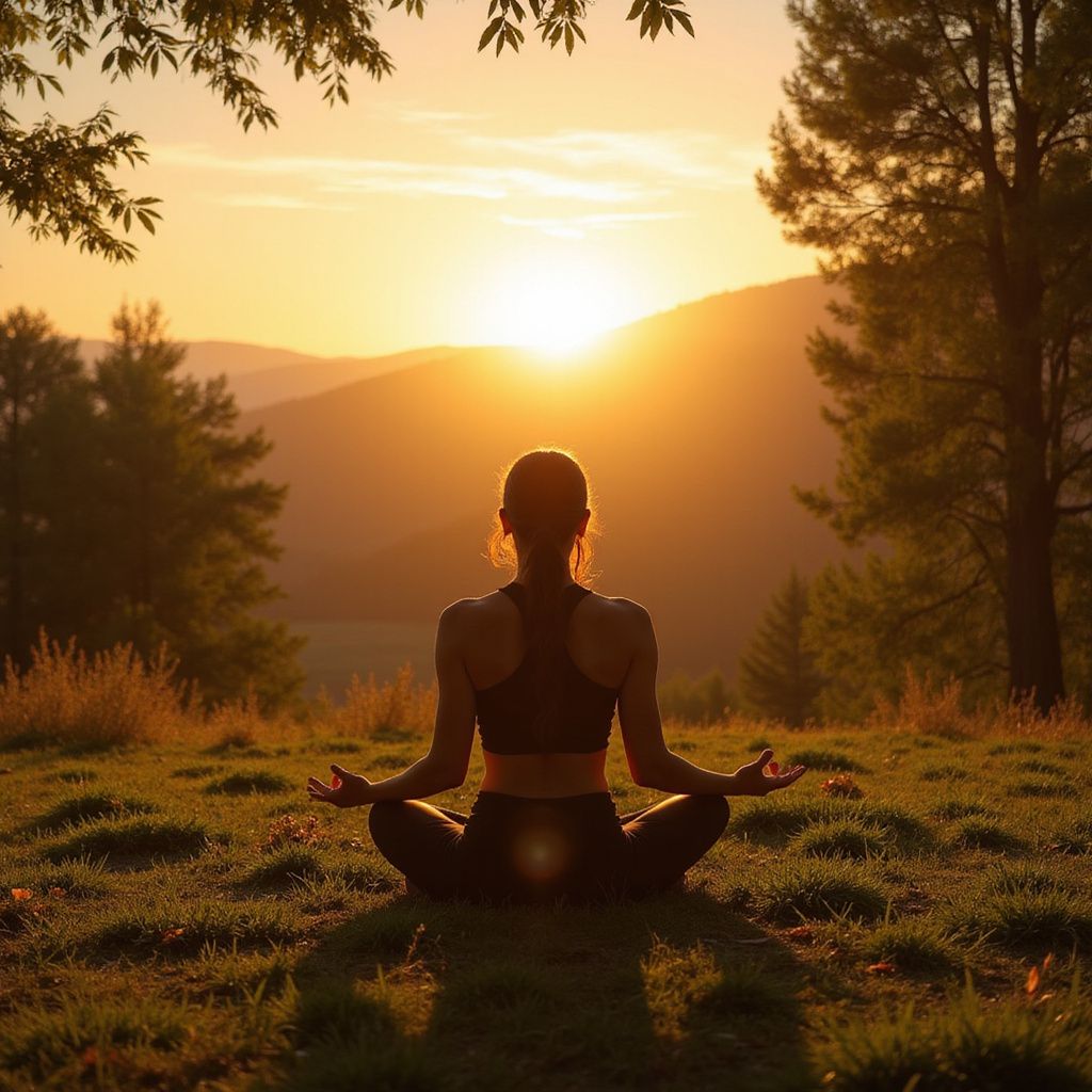 Woman meditating outdoors at sunset, mountains in background.
