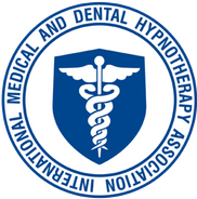 International Medical and Dental Hypnotherapy Association logo, blue and white, with caduceus symbol.