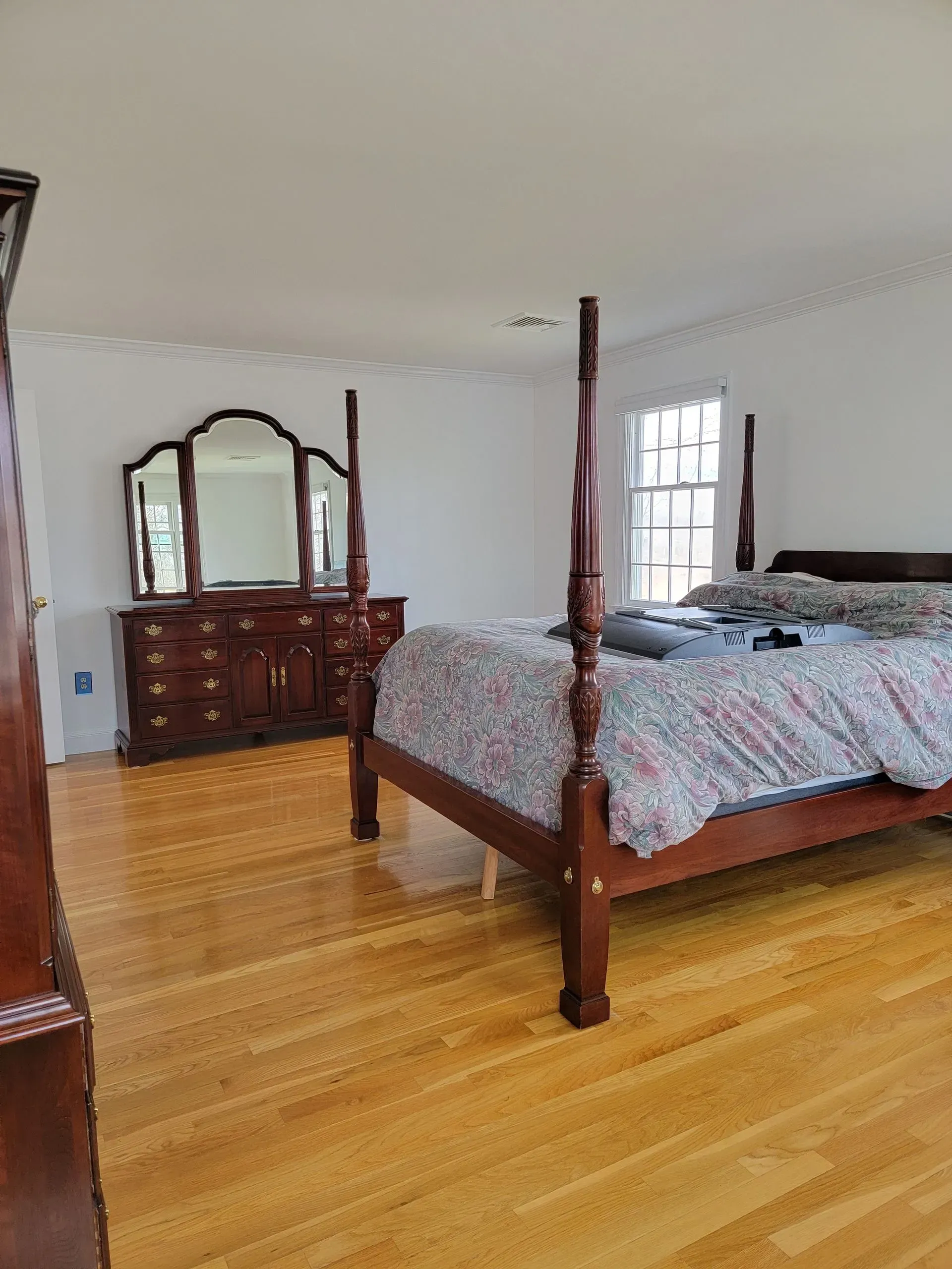 Bedroom with hardwood floors, a four-poster bed, and a dresser with a mirror.