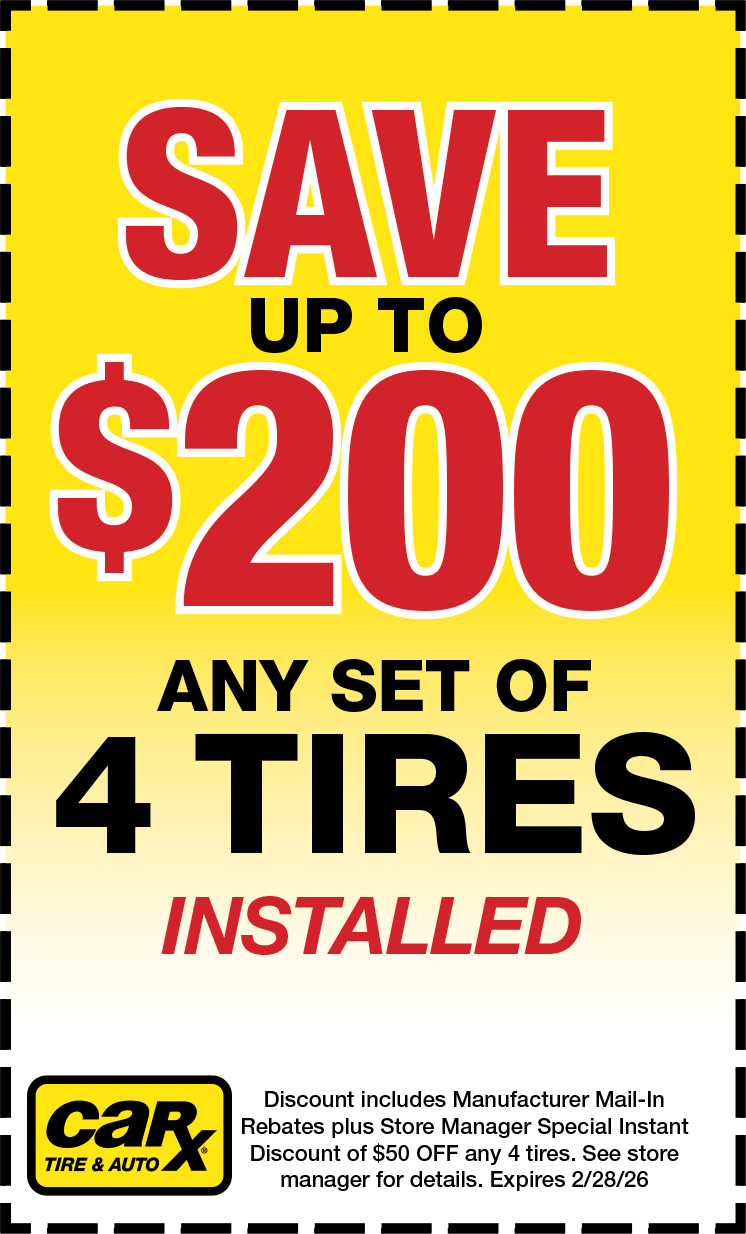 Yellow ad: Save up to $200 on any set of 4 tires installed, from Car X Tire & Auto.