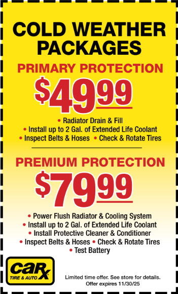 CarX Winter Packages ($49.99/$79.99) check coolant, belts, tires, & battery.