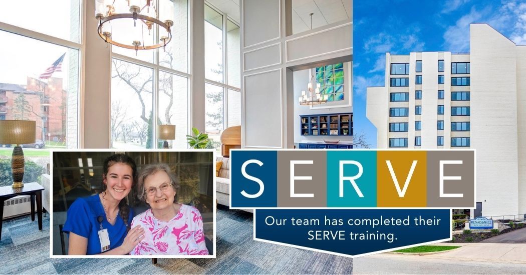 Two women are standing next to each other in front of a sign that says serve