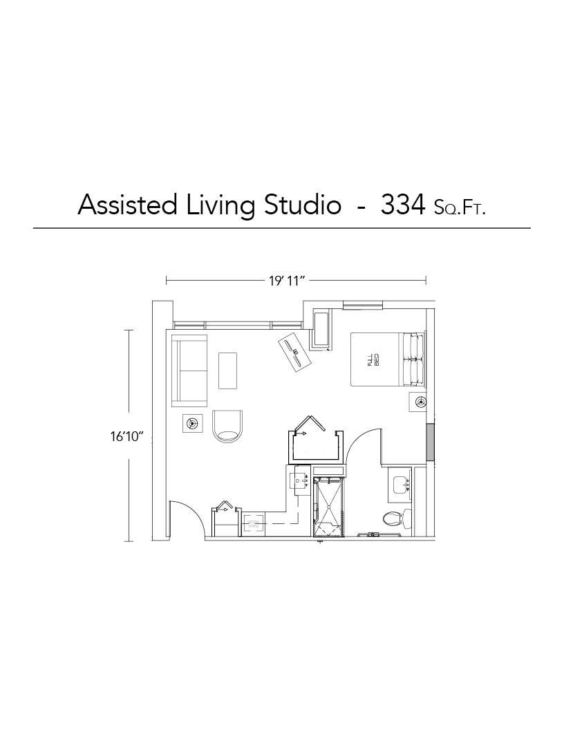 Floor plan of a 334 sq. ft. assisted living studio apartment with labeled areas and dimensions.