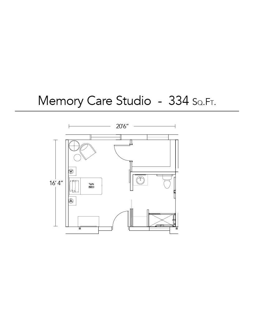 Floor plan of a Memory Care Studio, 334 sq. ft. Features include bathroom, closet, seating area, and bed.