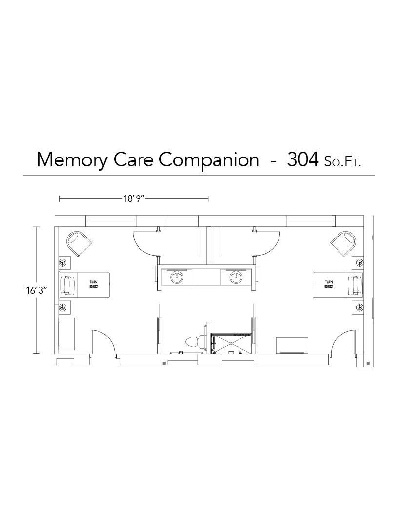 Floor plan of Memory Care Companion unit, featuring two bedrooms, two bathrooms, and shared closet.