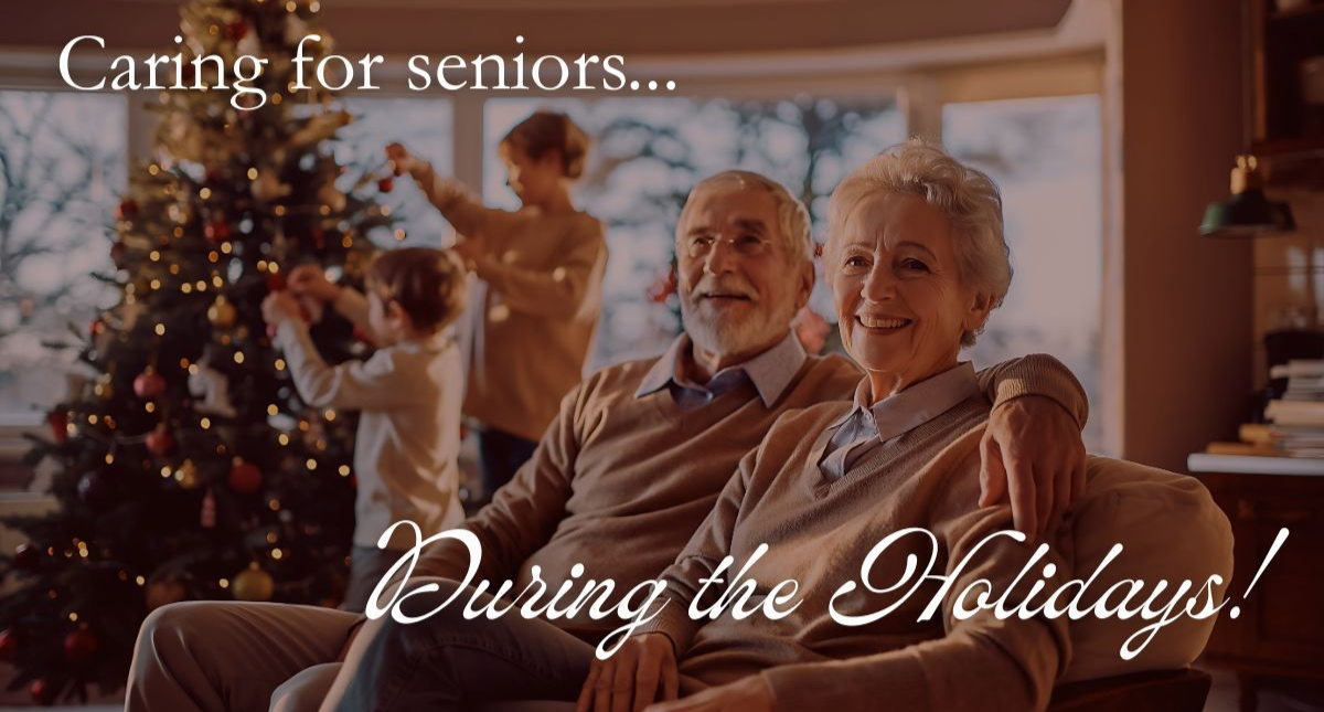 Elderly couple smiles on a couch with family decorating a Christmas tree. Text: 