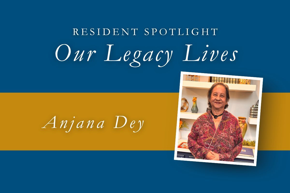 Resident Spotlight: Anjana Dey, featured in blue and gold banner. Dey smiles beside a shelf.