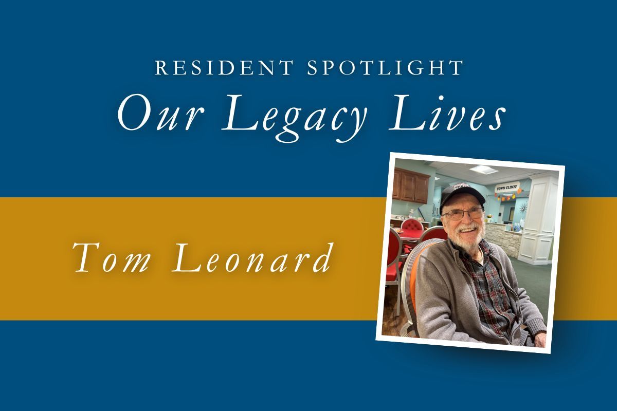 Resident Spotlight: Tom Leonard. Man smiles in a framed photo on a blue and gold background. Text reads, 