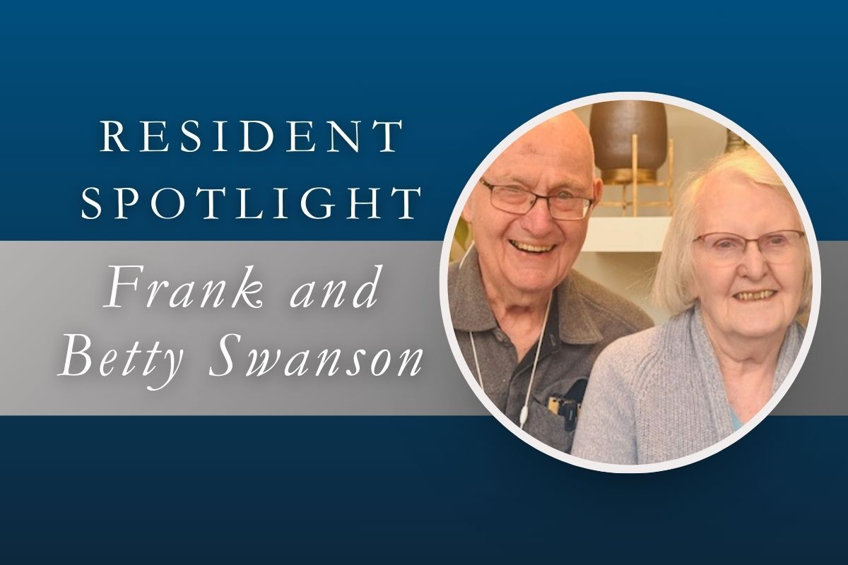 A Resident Spotlight graphic featuring a circular portrait of a smiling couple, Frank and Betty Swanson.