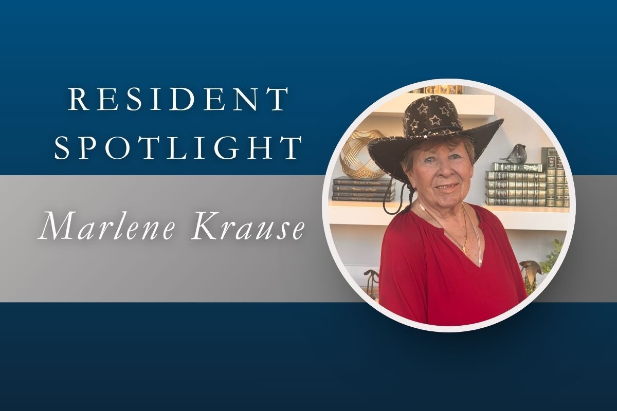 Resident Spotlight: Marlene Krause. Woman wearing a hat and red shirt.