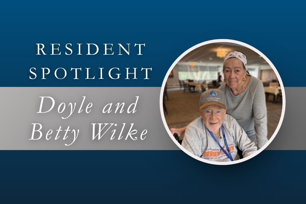 Resident Spotlight graphic with Dyle and Betty Wilke, plus circular photo on blue background