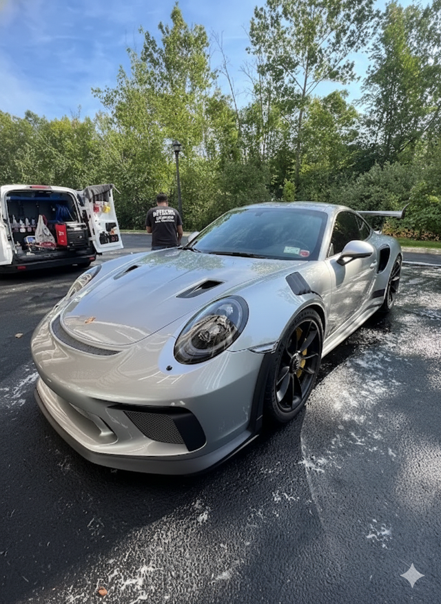 Silver Porsche 911 GT3 RS being washed outdoors, surrounded by suds. A person stands nearby.