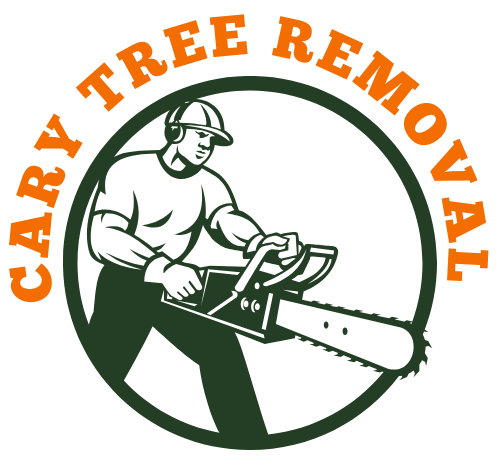 The logo for cary tree removal shows a man cutting a tree with a chainsaw.