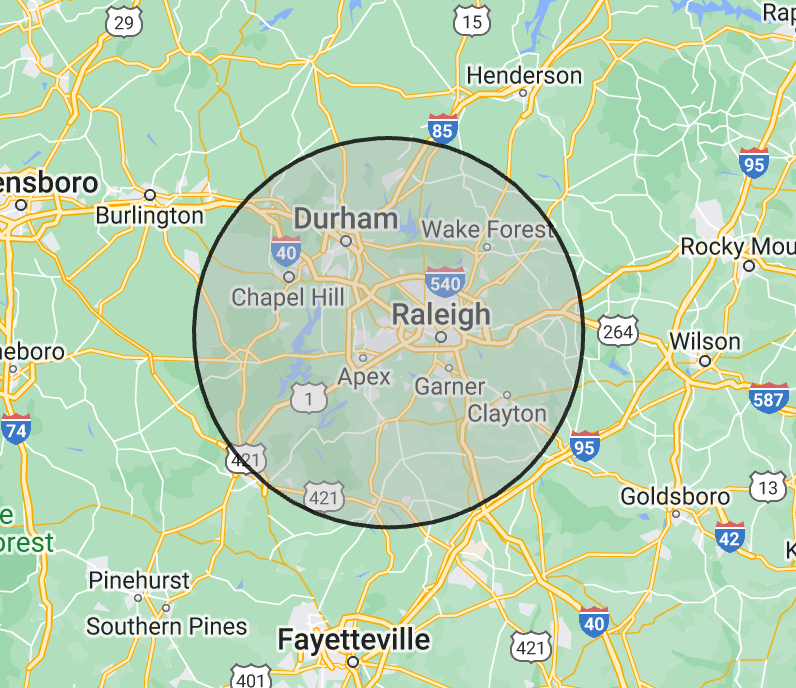 A map of raleigh , north carolina with a circle around it.