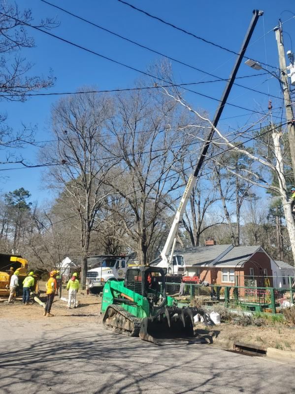 A green skid steer is being used to remove a power line