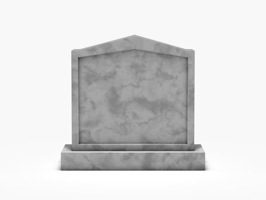 Una lapide di marmo grigio su sfondo bianco.