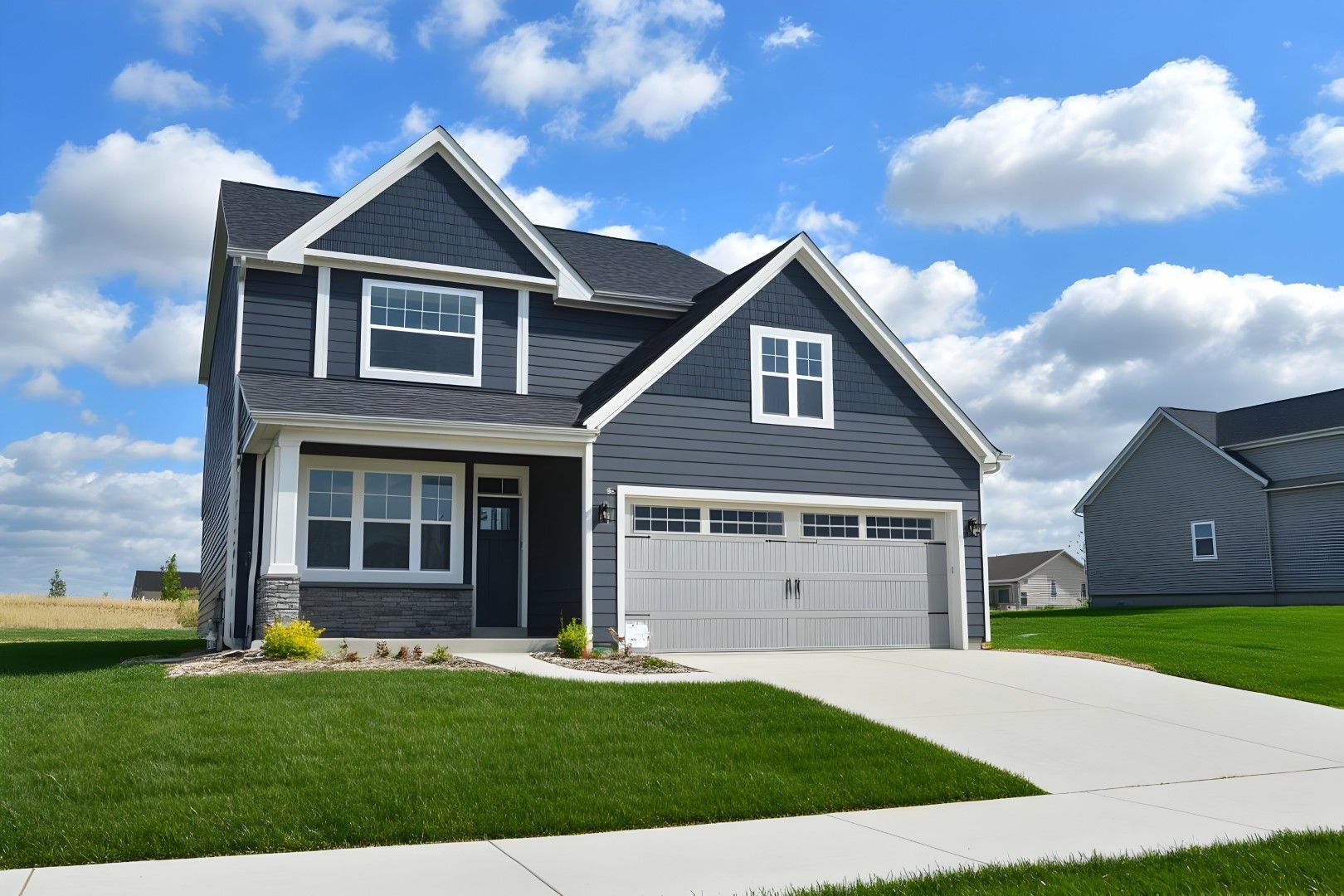 A large house with a large garage is sitting on top of a lush green lawn.