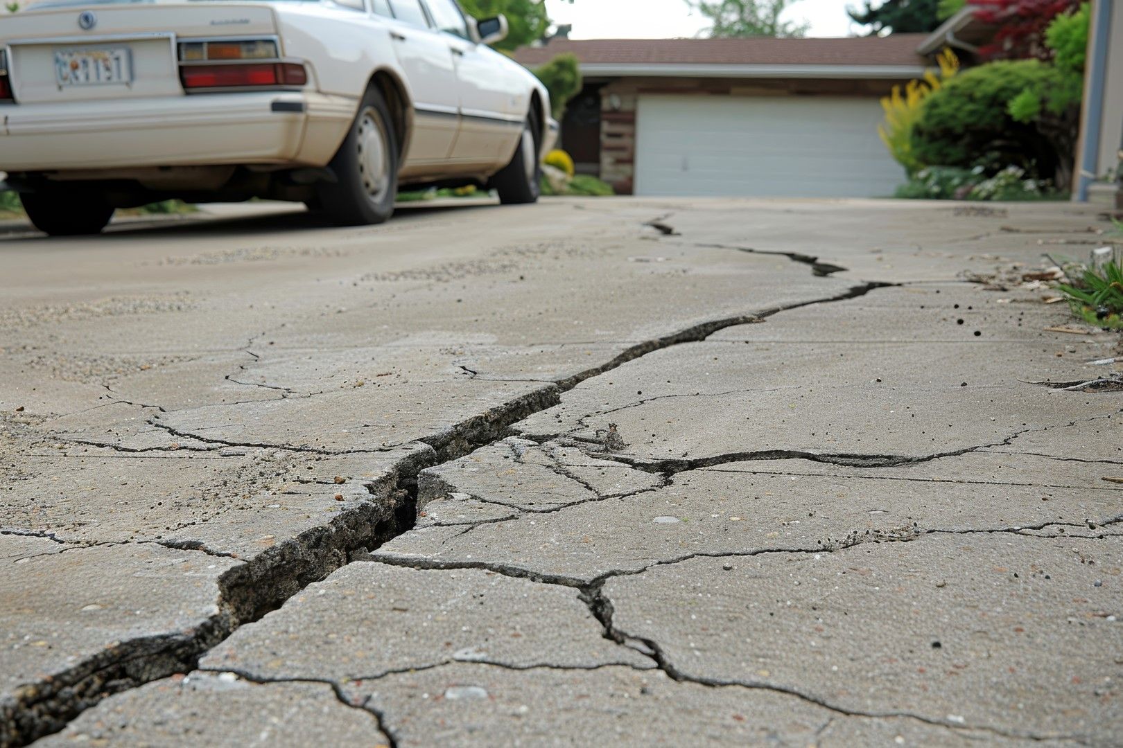 A white car is parked on a cracked driveway