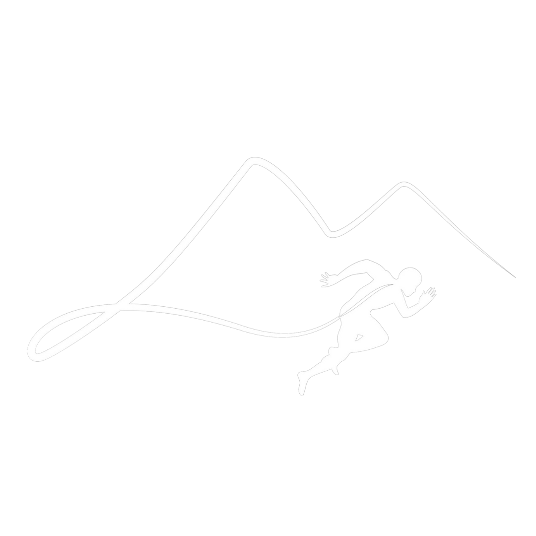 A drawing of a person running up a mountain.