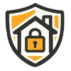 Une icône en forme de bouclier orange et noir contenant la silhouette stylisée d'une maison blanche.