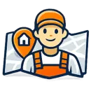 Un ouvrier vêtu d'une salopette orange se tient devant une carte où figure une épingle de localisation.