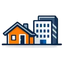 Illustration humoristique d'une petite maison orange à côté d'un immeuble d'appartements blanc plus grand et plus haut.