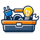 Une boîte à outils orange et grise contenant une prise électrique bleue, une ampoule jaune et une clé.