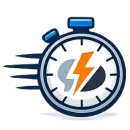 Un chronomètre stylisé avec des lignes de mouvement, orné d'un éclair orange central séparant des formes grises et sombres.