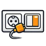 Une prise électrique murale et un interrupteur avec une fiche orange qui pend devant.