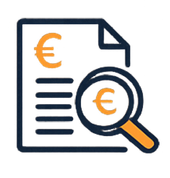 Une icône bleu foncé représentant un document et une loupe, tous deux ornés du symbole de l'euro orange.