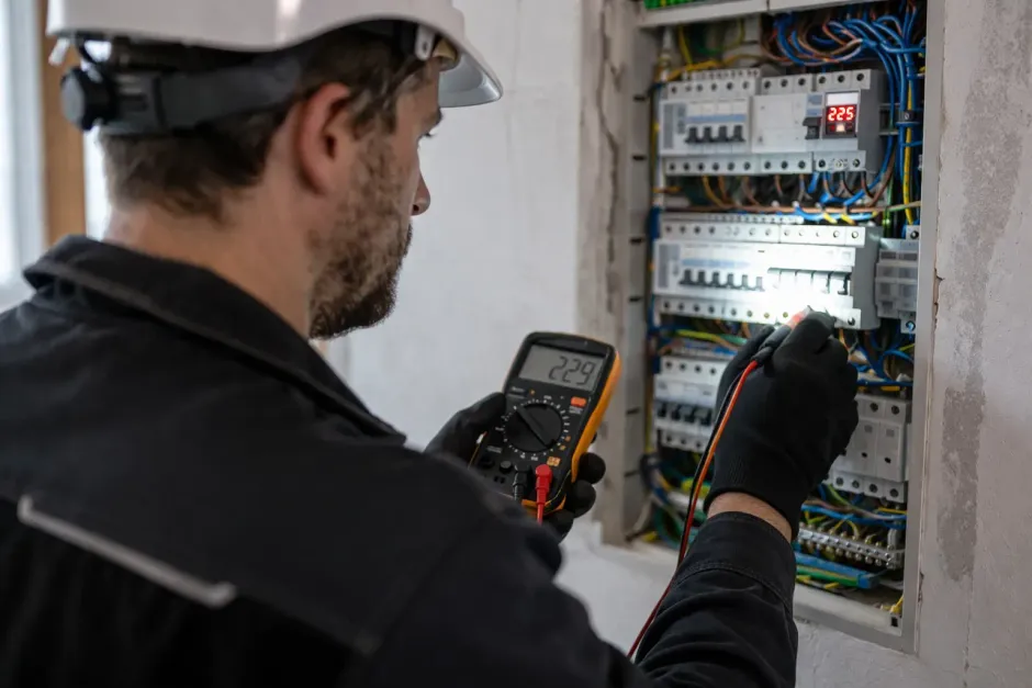 Un électricien, avec casque et des gants de protection, utilise un multimètre pour tester un tableau électrique résidentiel.
