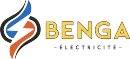 Logo de Benga &Eacute;lectricit&eacute; avec un &eacute;clair stylis&eacute; bleu et orange &agrave; c&ocirc;t&eacute; du mot jaune &laquo; BENGA &raquo;.