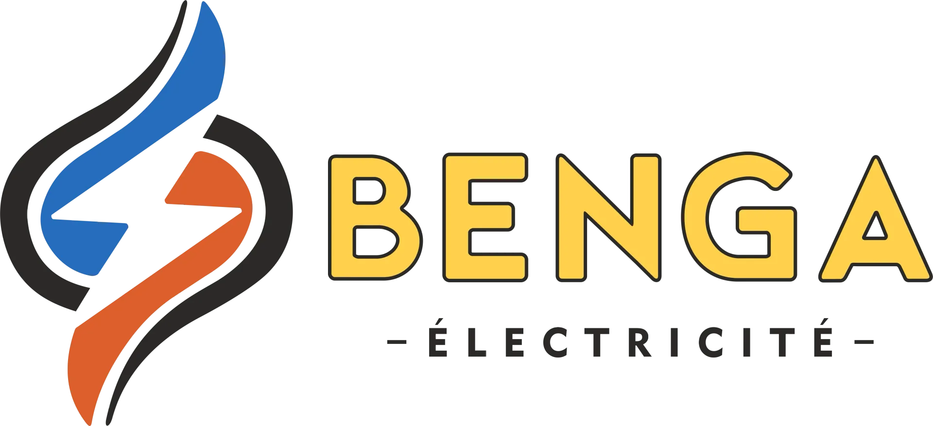 Logo de Benga &Eacute;lectricit&eacute; avec un &eacute;clair stylis&eacute; bleu et orange &agrave; c&ocirc;t&eacute; du mot jaune &laquo; BENGA &raquo;.