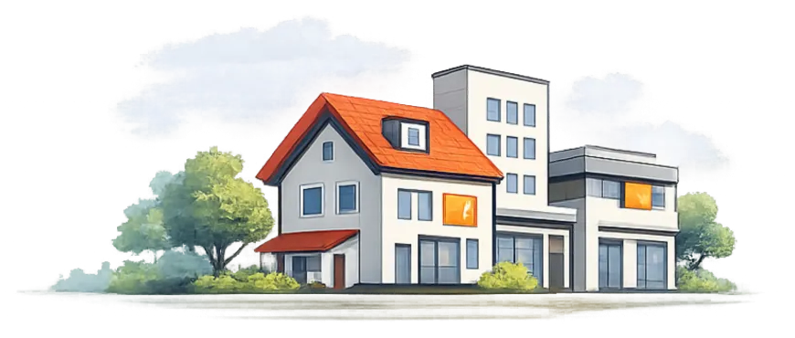 Illustration d'une maison blanche moderne au toit rouge, entourée d'arbres sur fond uni.