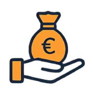 Une icône jaune et bleu foncé représentant une main tenant un sac d'argent avec le symbole de l'euro.