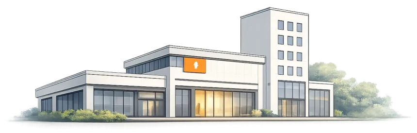 Un bâtiment moderne, blanc, à plusieurs niveaux, avec de grandes fenêtres et une enseigne orange, 