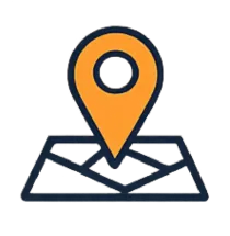 Une icône d'épingle de localisation orange placée au-dessus d'une carte stylisée aux contours noirs.