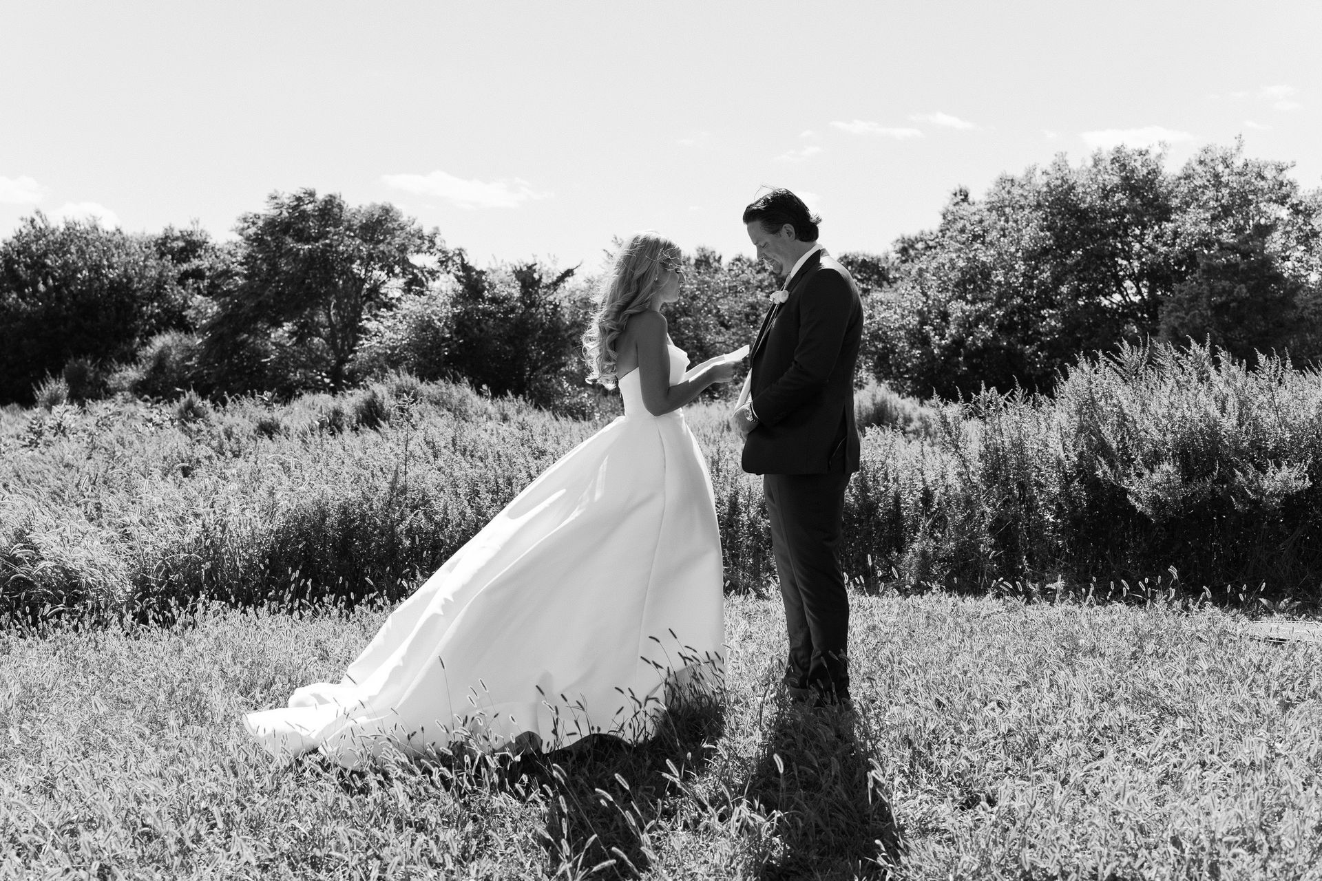 Bride and groom holding hands in field, sunlight, trees in background.