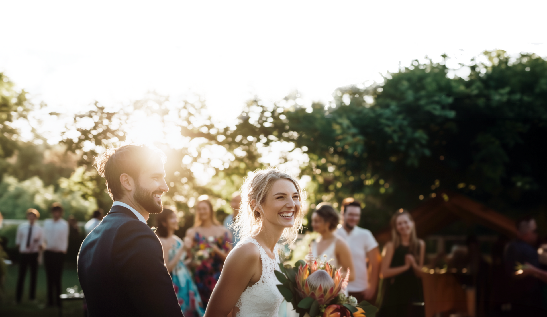 Bride and groom smiling during outdoor wedding ceremony with guests and trees in background.