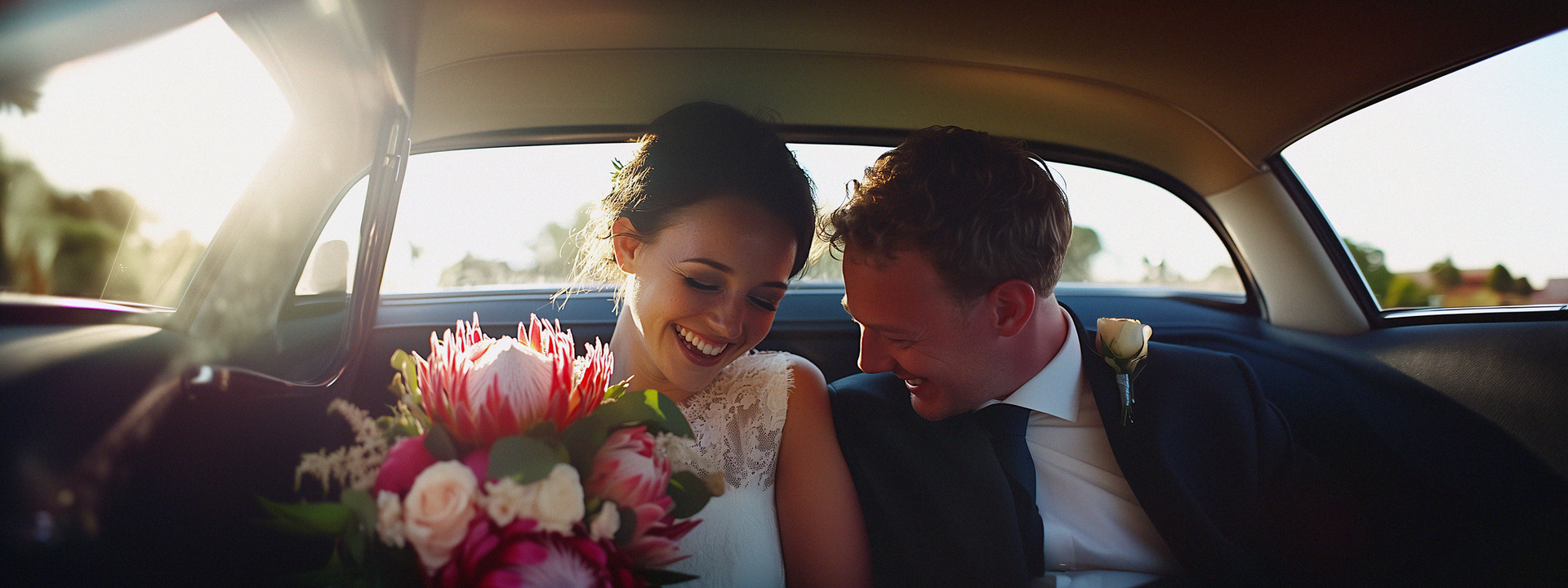 Newlywed couple in a car, smiling. Bride holds flowers. Bright sunlight streams in.