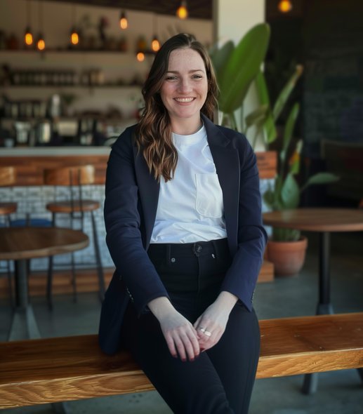 A woman is sitting on a wooden bench in a restaurant.